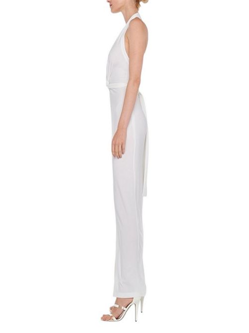 Long sleeveless white jersey women's dress with sash Norma Kamali | ST1243HPD51944SNOW WHITE